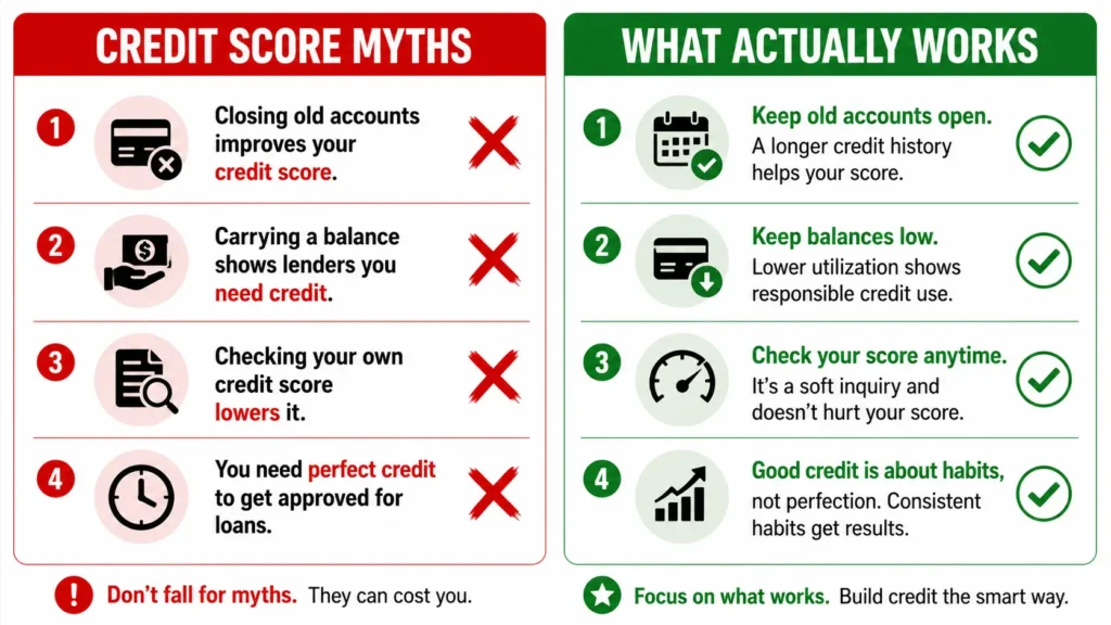 Credit score myths vs facts 2026 — common mistakes people make trying to improve credit score in 30 days debunked