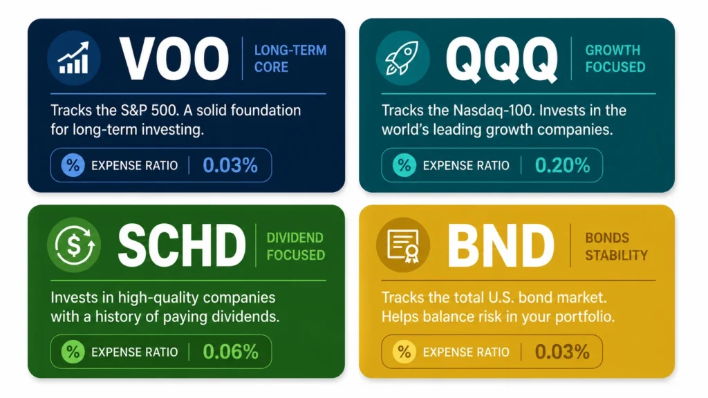 Design: Four colored boxes — top-left navy (VOO — Long-term), top-right teal (QQQ — Growth), bottom-left green (SCHD — Dividends), bottom-right gold (BND — Bonds). Each box has ticker, one-line description, expense ratio. White background, clean sans-serif font.