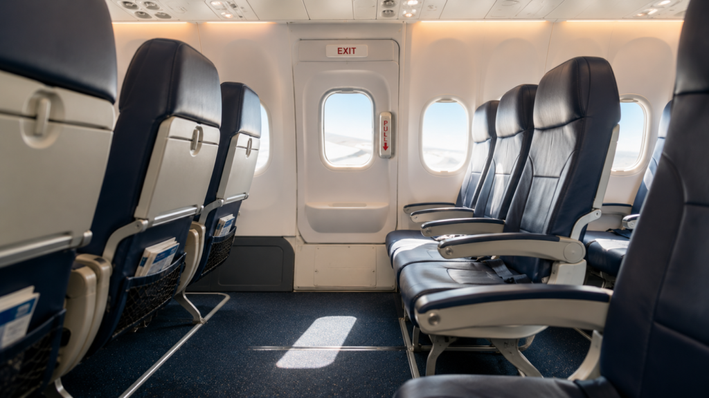 Interior view of a Boeing 737 MAX 8 emergency exit row with visible extra legroom.