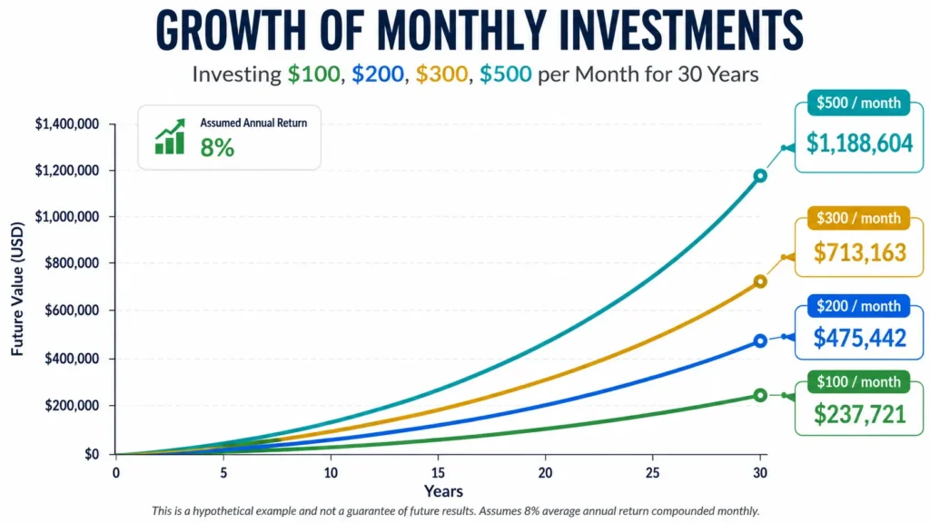 S&P 500 index fund growth chart for beginners — showing monthly contribution growth over 30 year