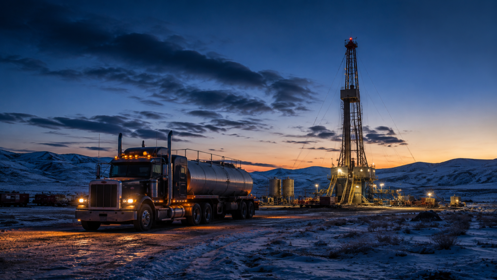 Illustration of a Freedom Fuels tanker delivering diesel to a remote drilling site.