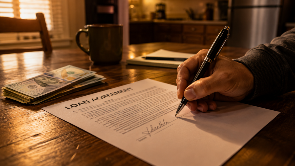 lllustration of a borrower reviewing loan terms before signing with Greenline Loans.