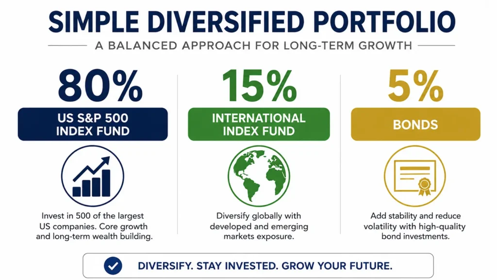 Best investments for Roth IRA for beginners 2026 — sample portfolio showing S&P 500 index fund diversification