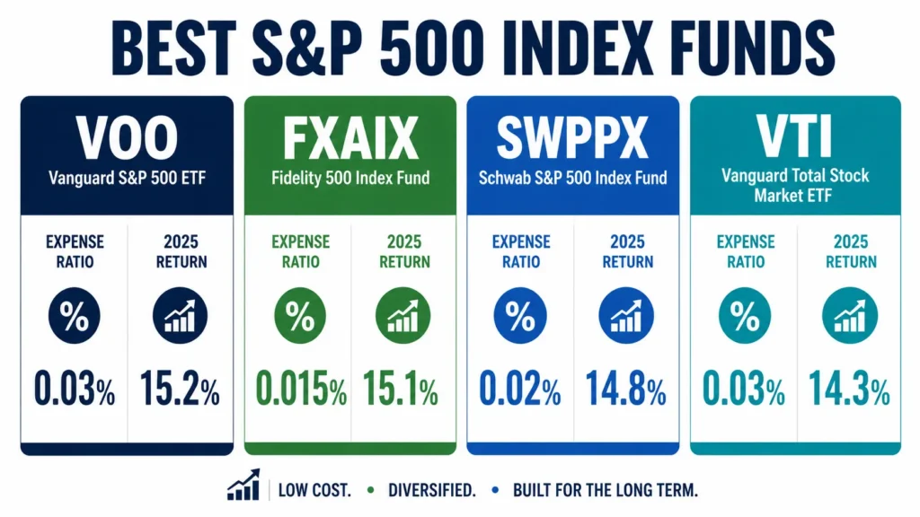 Best S&P 500 index funds for beginners comparison table 2026 — FXAIX vs VOO vs SWPPX vs VTI fees and returns