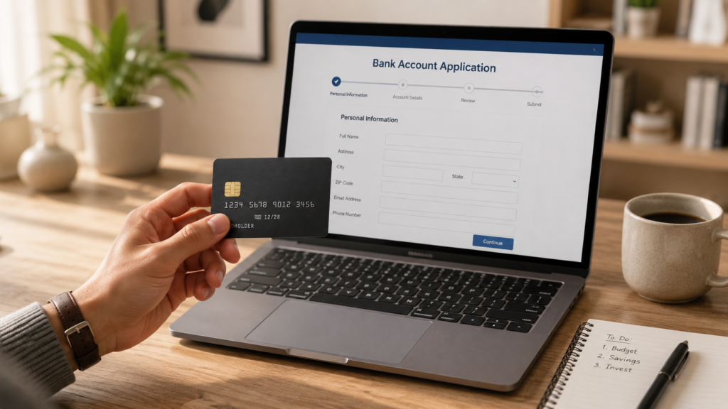 A person holding a black credit card while filling out an online bank account application form on a laptop screen