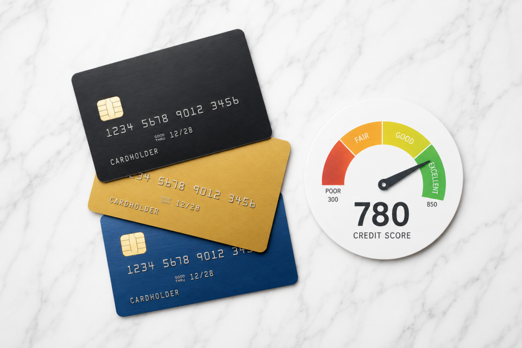 Three mock credit cards in black, gold, and blue next to an excellent 780 credit score meter, explaining how many credit cards should I have on a white marble background.