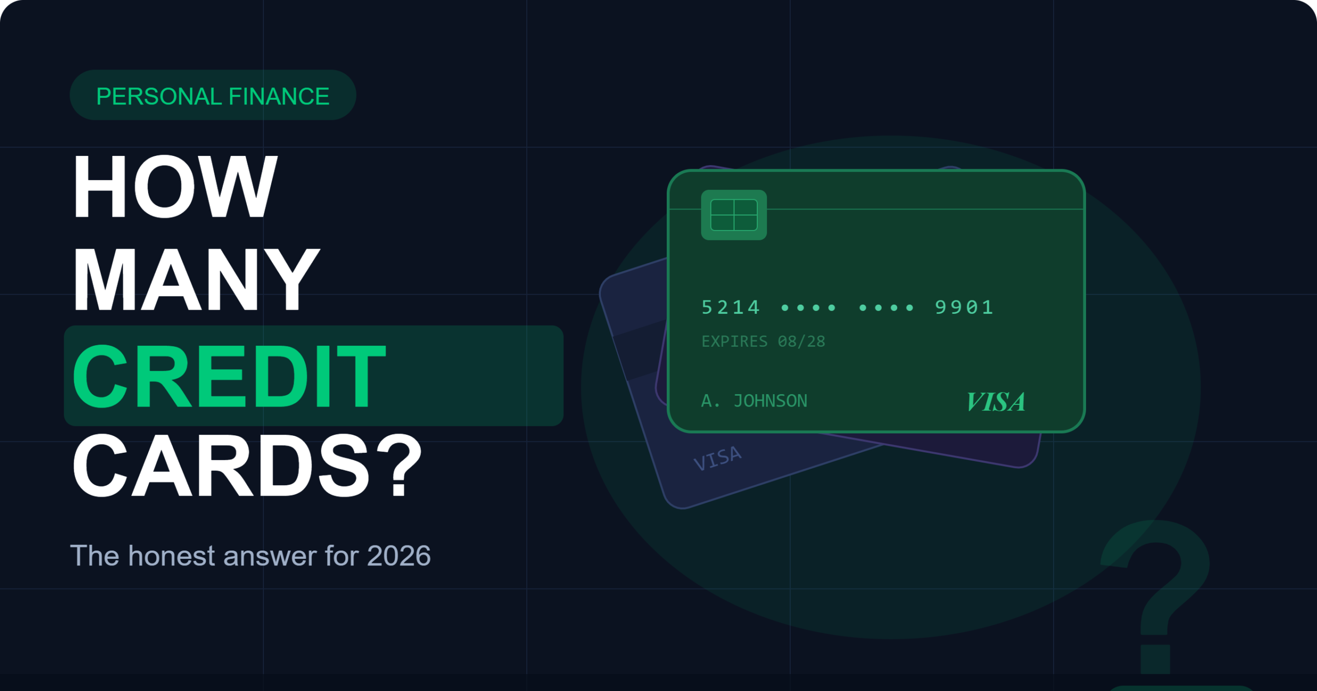 Personal finance blog thumbnail graphic with text reading How Many Credit Cards? The honest answer for 2026 alongside a digital illustration of Visa cards