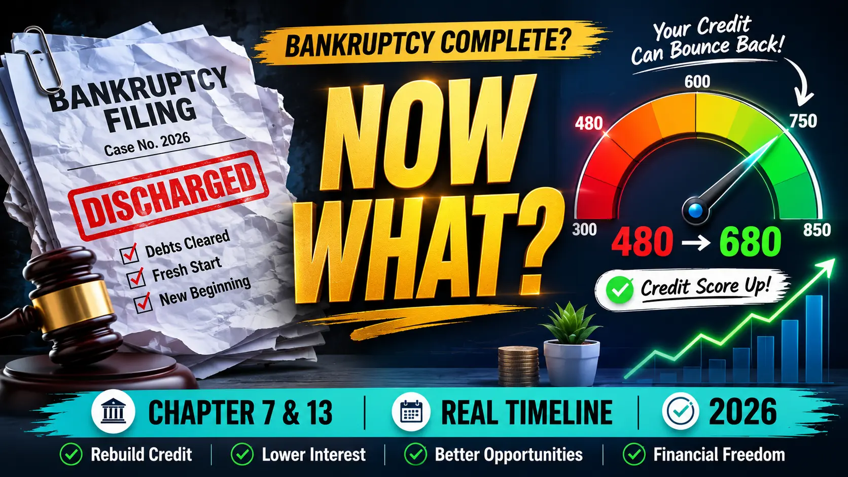 Dark blue YouTube thumbnail showing bankruptcy document on left and rising credit score meter from 480 to 680 on right with gold text for 2026 bankruptcy recovery guide