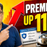 A YouTube-style thumbnail featuring a man with glasses looking shocked and pointing toward a large red arrow pointing upward. Bold text reads "PREMIUMS UP 114%". In the foreground, a mock health insurance ID card for "RAMESH KUMAR" sits next to a medical stethoscope on a wooden surface.