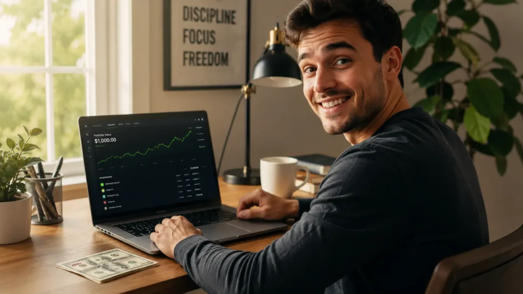 How to invest $1,000 for beginners — a young adult opening a Roth IRA brokerage account on a laptop in 2026