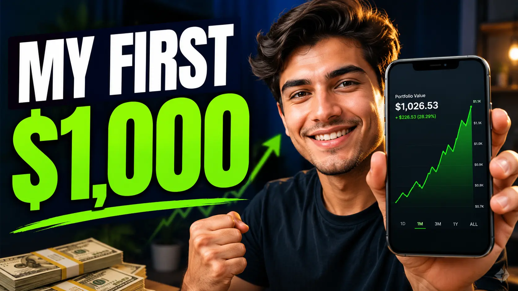 Finance thumbnail illustrating how to invest 1000 dollars for beginners.