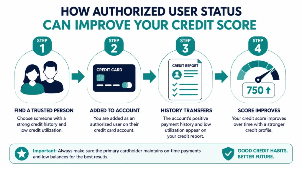 How to improve credit score after bankruptcy — authorized user four-step process infographic showing how account history appears on your credit report