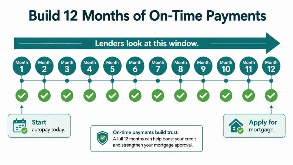 How to improve credit score to buy a house — 12-month on-time payment timeline infographic showing what mortgage lenders review before approval