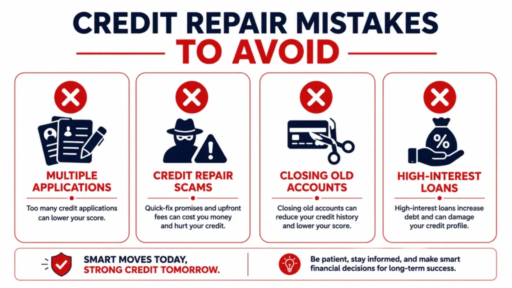 Mistakes to avoid when rebuilding credit score after bankruptcy — four warning boxes showing multiple applications credit repair scams and high interest loan traps