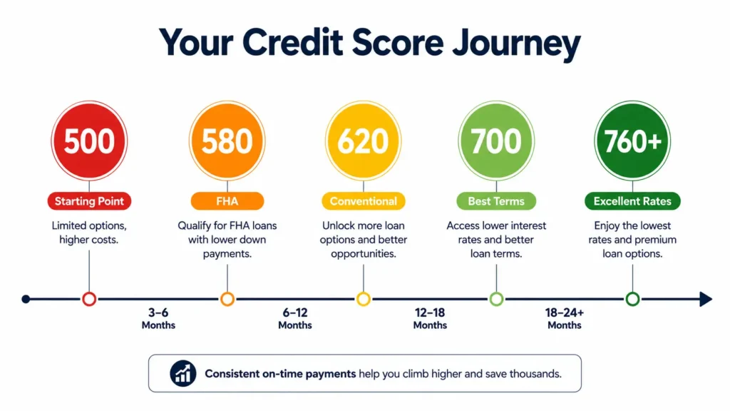 Credit score improvement roadmap to buy a house in 2026 — milestone timeline from 500 to 760 with loan types unlocked at each credit score level