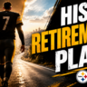 A YouTube thumbnail featuring a football player in a number 7 jersey walking down a long road toward a sunset while holding a Pittsburgh Steelers helmet. Large, bold text reads "HIS RETIREMENT PLAN," creating a visual concept often associated with high-profile athletes like Aaron Rodgers post retirement.