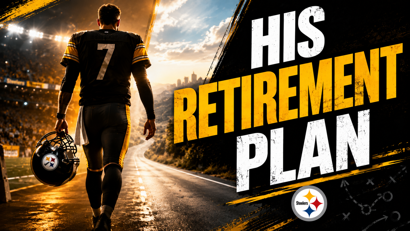 A YouTube thumbnail featuring a football player in a number 7 jersey walking down a long road toward a sunset while holding a Pittsburgh Steelers helmet. Large, bold text reads "HIS RETIREMENT PLAN," creating a visual concept often associated with high-profile athletes like Aaron Rodgers post retirement.