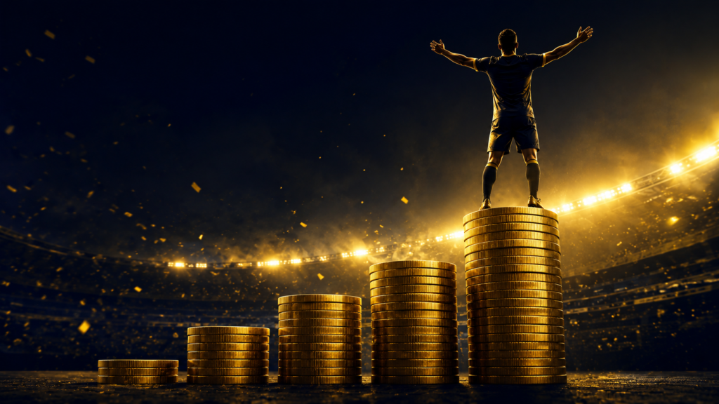 Illustration of a footballer standing on rising gold coin stacks, symbolizing the Cristiano Ronaldo salary growth over time.