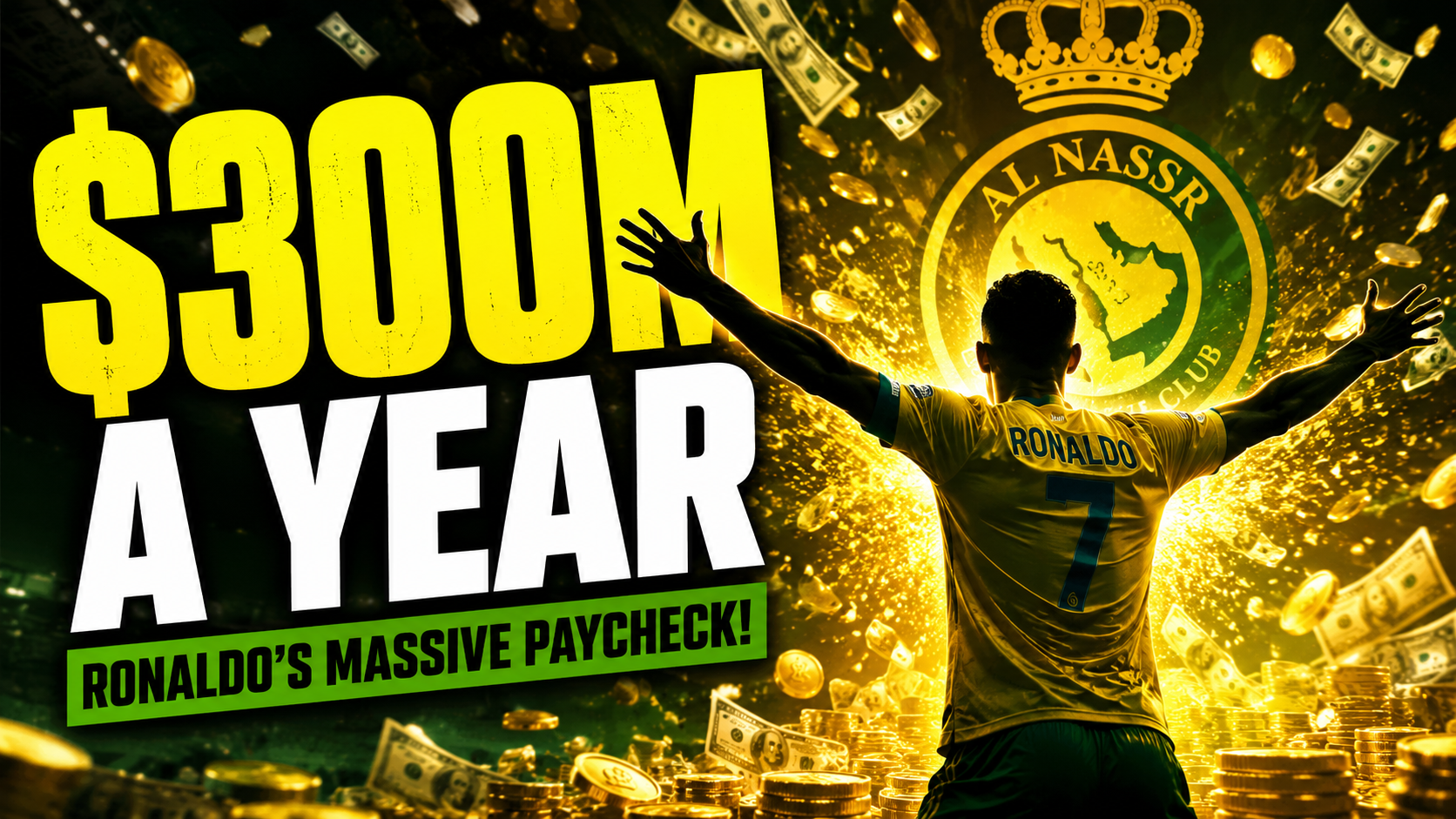 Sports finance thumbnail illustrating the Cristiano Ronaldo salary and his massive annual earnings.