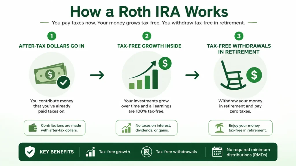roth-ira-how-it-works-beginners-2026 Roth IRA infographic showing how after-tax contributions grow tax-free for beginners investing $1,000 in 2026