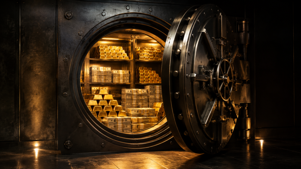Vault illustration representing the Warren Buffett cash pile $400B held in reserve.