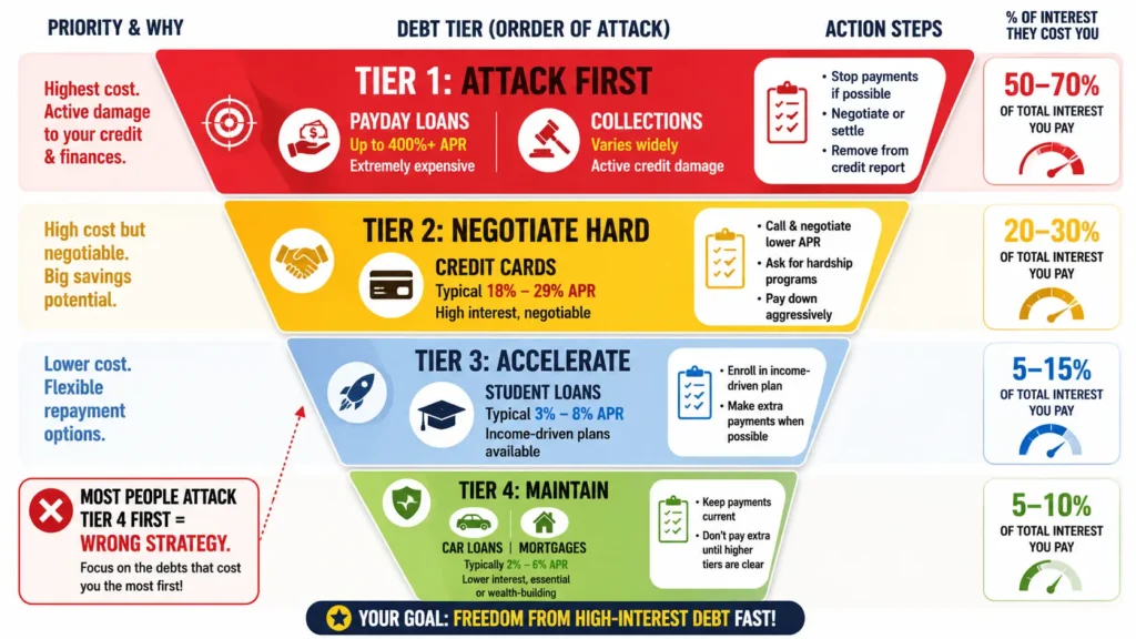 Pay off Debt tier hierarchy showing Tier 1 (payday/collections), Tier 2 (credit cards), Tier 3 (student loans), Tier 4 (mortgages/car loans) with action steps and interest percentages