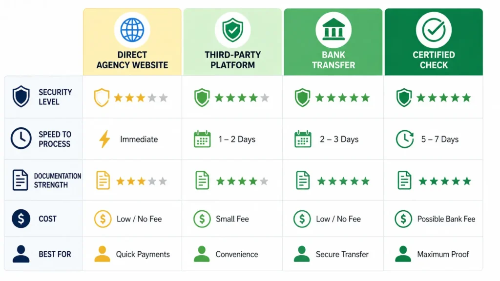 Payment methods comparison showing direct agency website, third-party platform, bank transfer, and certified check with security levels, processing speed, documentation strength, costs, and best-use scenarios