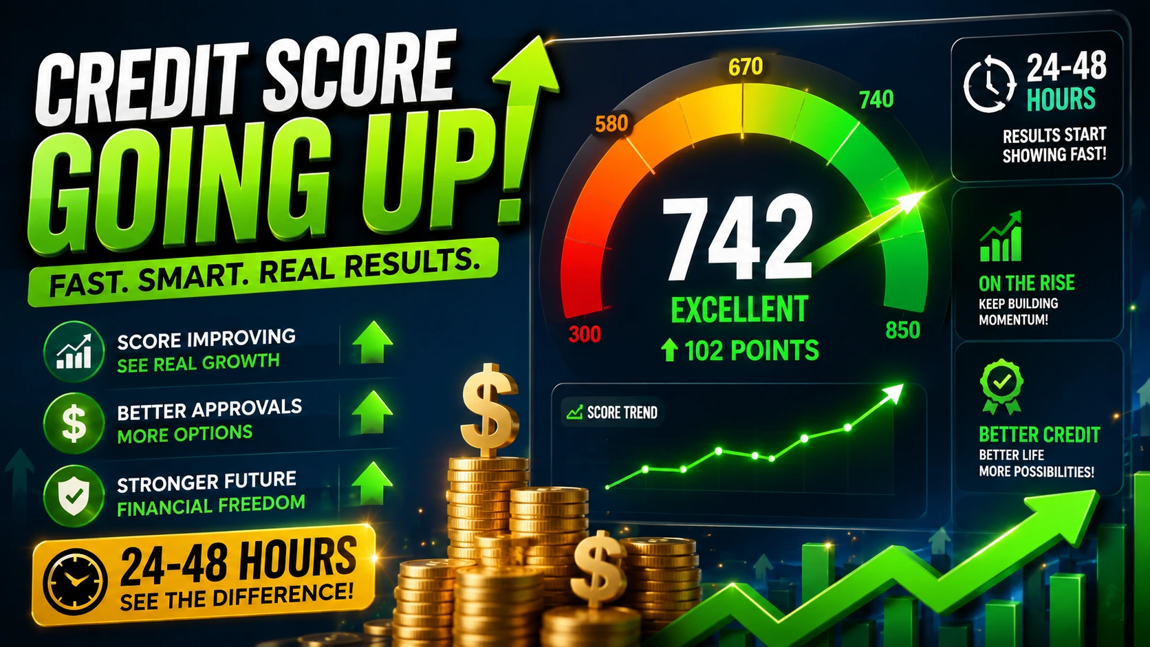 Credit score improvement dashboard with upward trending arrow and quick wins highlights