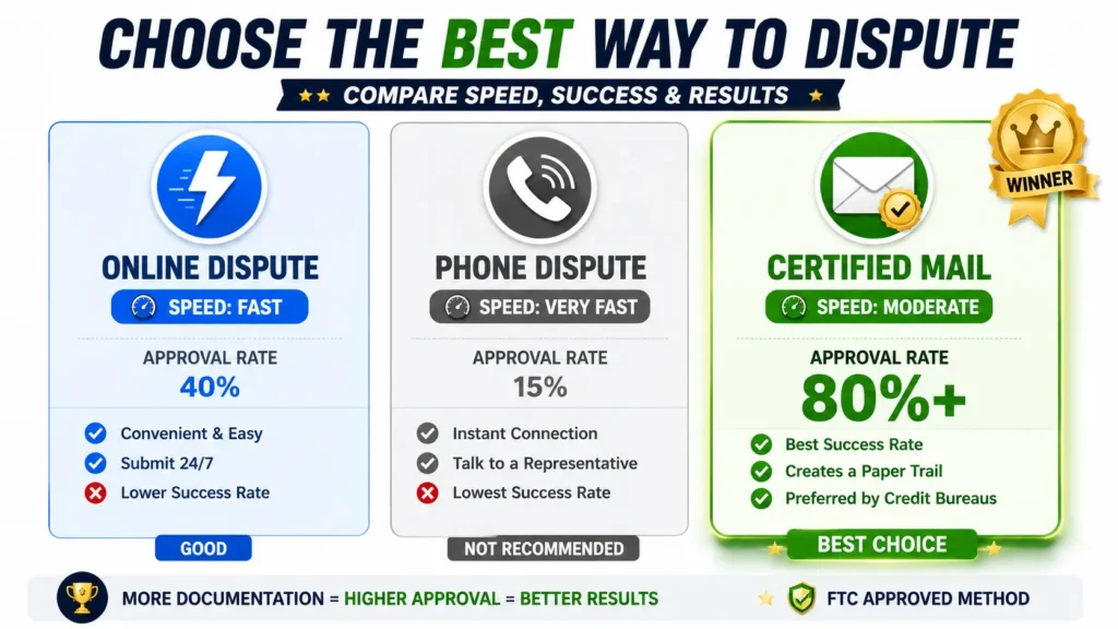article image credit report Dispute errors method comparison showing online vs. phone vs. certified mail with approval rates and success rates"