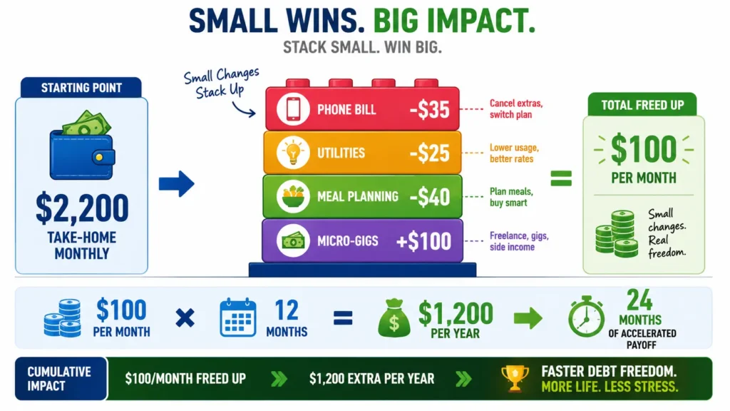 Micro-wins stacking visualization showing phone bill savings, utilities optimization, meal planning, and micro-gigs totaling $100/month freed up for debt payoff