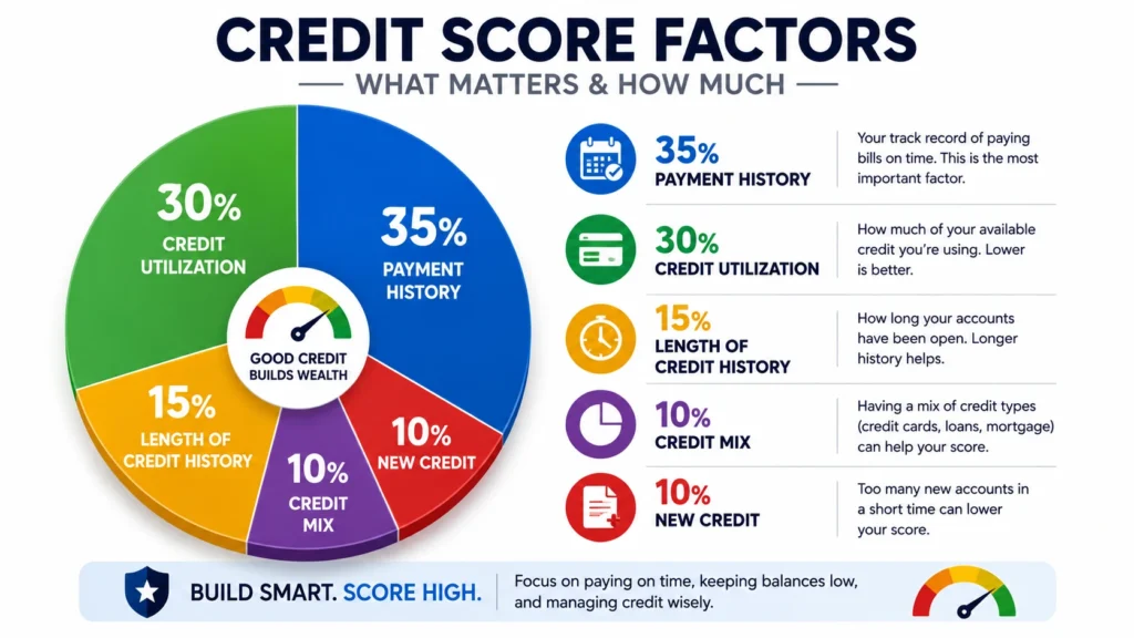 Credit score factors breakdown pie chart showing payment history weight 35 percent and utilization 30 percent