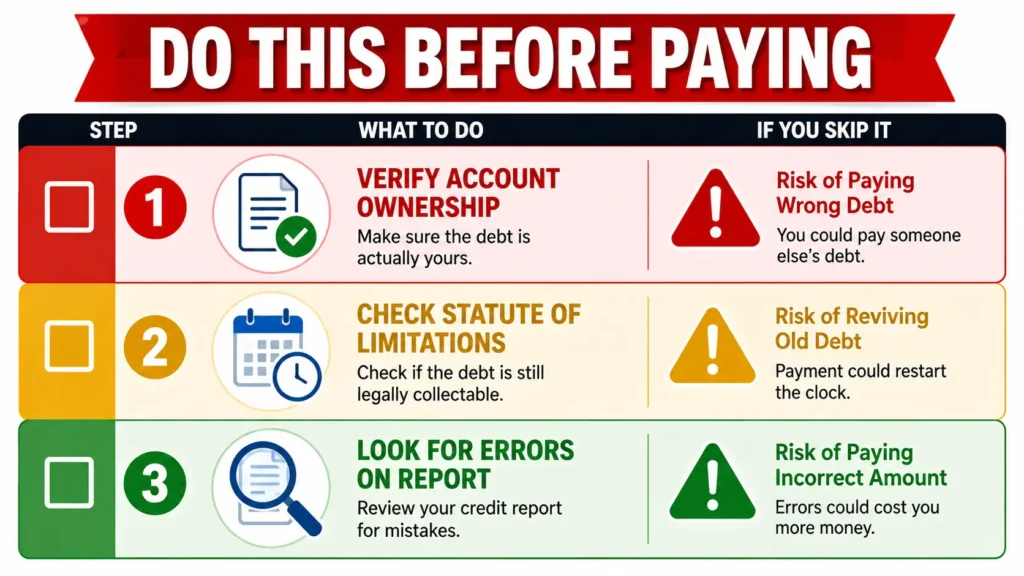 How to pay debt in collections online: pre-payment verification checklist with three steps—verify account ownership, check statute of limitations, look for report errors
