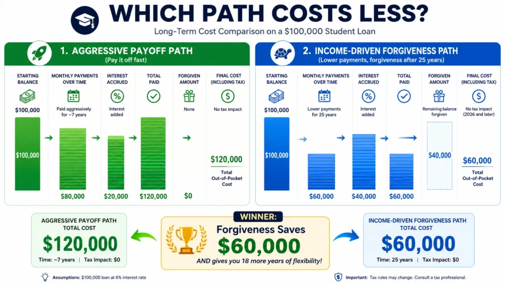 Student loan payoff cost comparison showing aggressive payoff ($120K total cost in 8 years) versus income-driven forgiveness ($60K total cost over 25 years) with interest and tax impact.