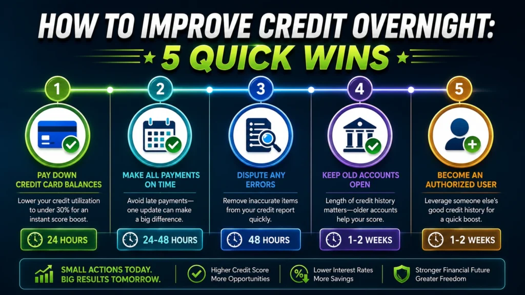 Infographic showing 5 quick credit score improvements and realistic timelines. Improve credit card score overnight