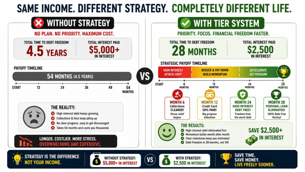 Debt payoff timeline comparison showing 4.5 years with random approach vs. 28 months with tier-based strategy