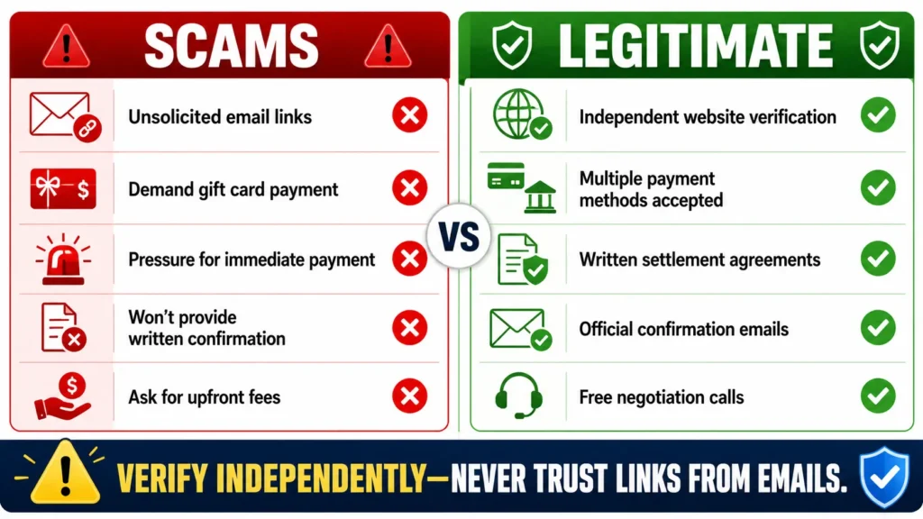 Scams vs. legitimate collection agency comparison showing red flags (unsolicited links, gift card demands, pressure, no written confirmation, upfront fees) versus safe practices (independent verification, multiple payment methods, written agreements, official emails, free calls