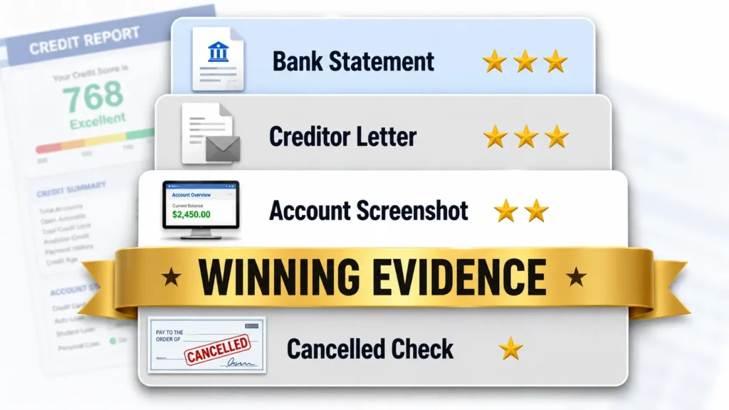 Evidence documentation hierarchy showing bank statements, creditor letters, account screenshots, and cancelled checks ranked by approval power"