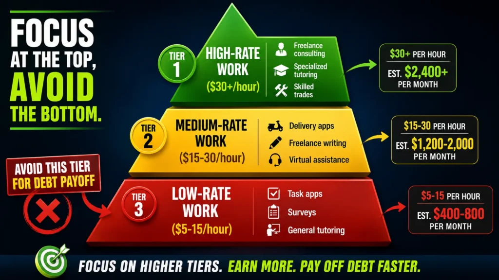 Income hierarchy pyramid showing three tiers for making extra money to pay off debt: Tier 1 high-rate work ($30+/hour), Tier 2 medium-rate work ($15-30/hour), Tier 3 low-rate work ($5-15/hour)"