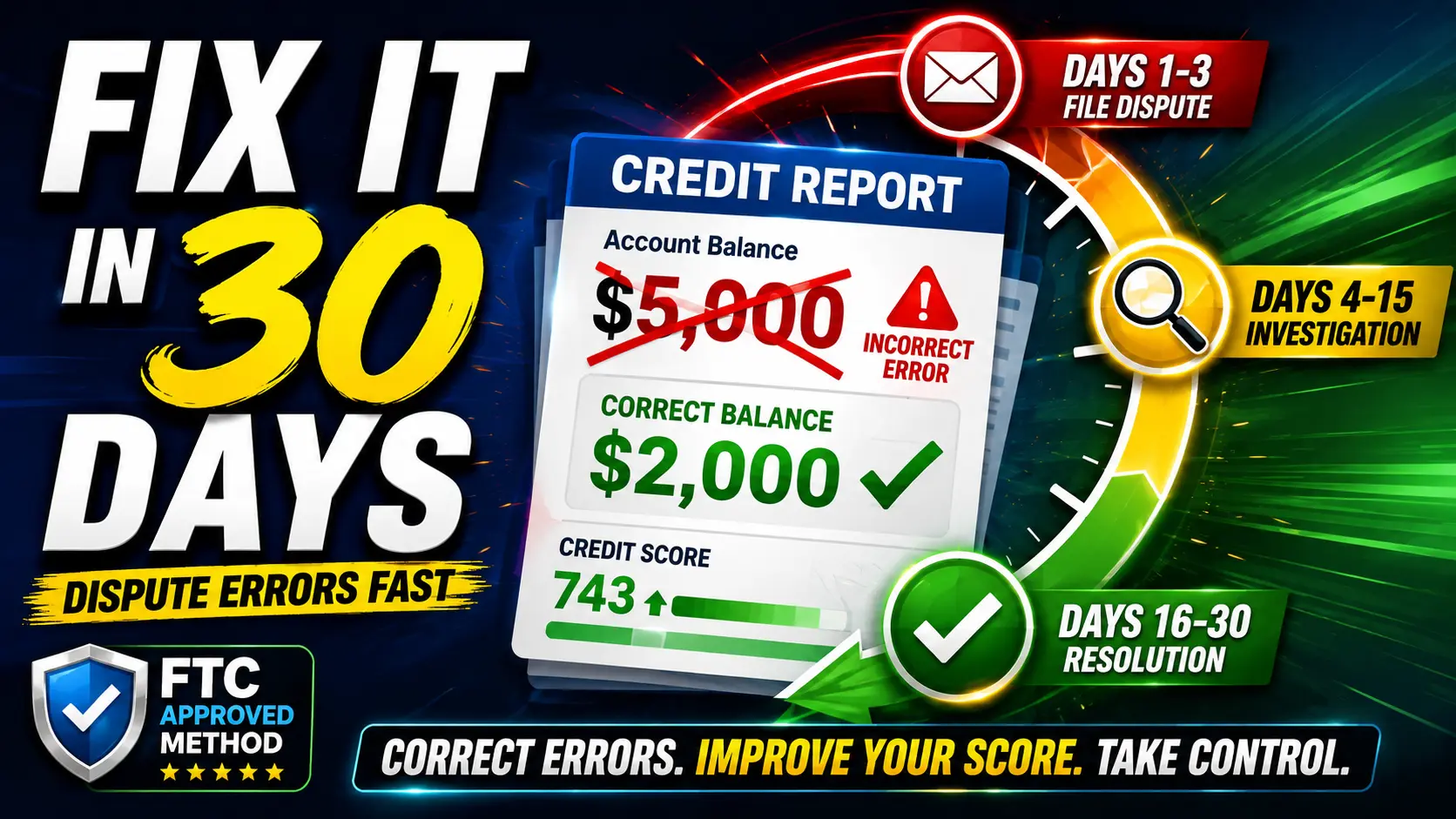 Credit dispute error correction dashboard showing 30-day timeline from alert to resolution with checkmark success