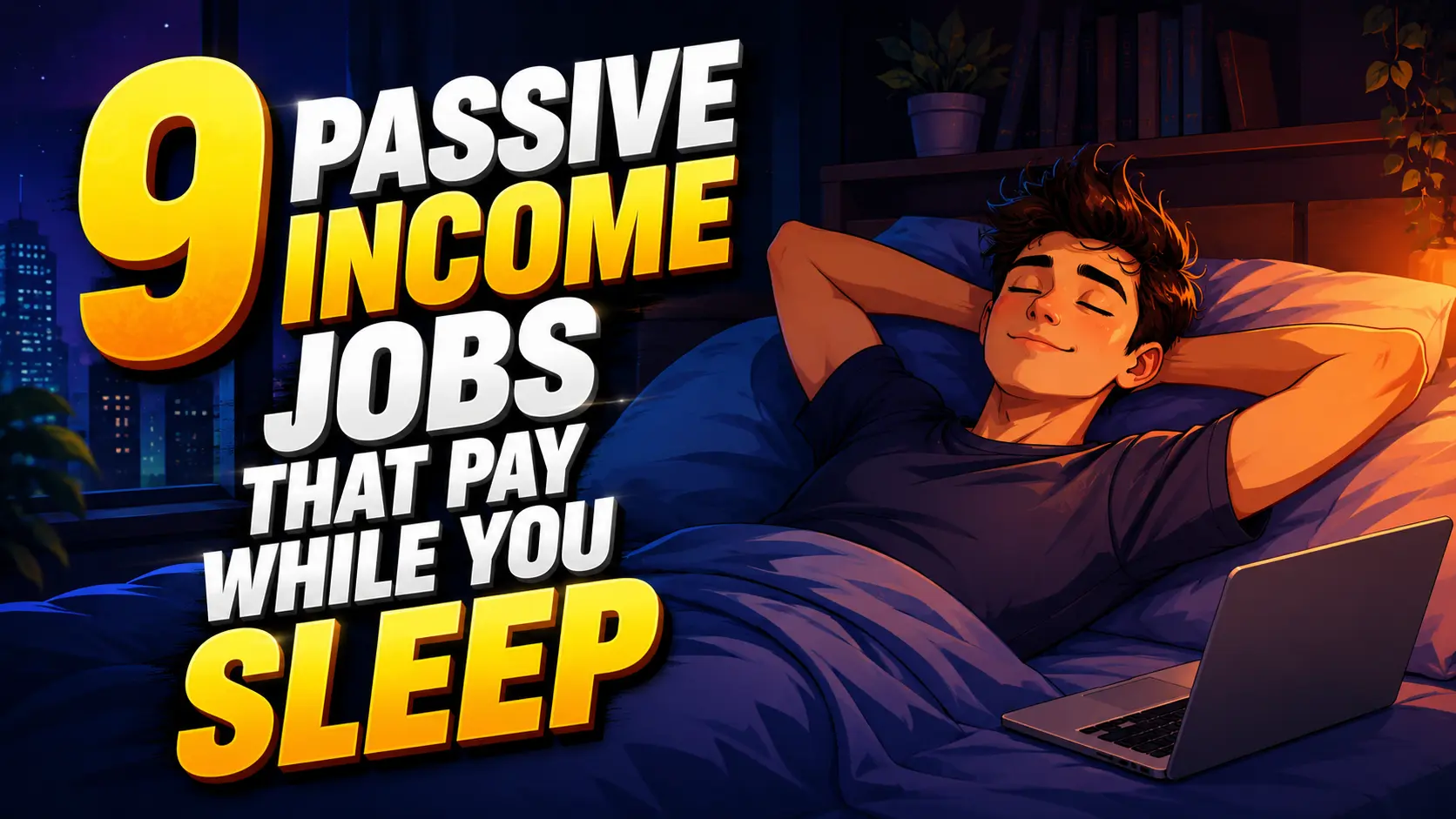 A professional 2D animated YouTube thumbnail showing a young adult man relaxing on his bed in his bedroom, with a laptop placed beside him. The scene has a cozy, modern room setting and a polished cinematic look. Large, bold text in the background reads “9 PASSIVE INCOME JOBS THAT PAY WHILE YOU SLEEP.” The composition uses strong contrast and clean visual elements, with no additional text or icons.