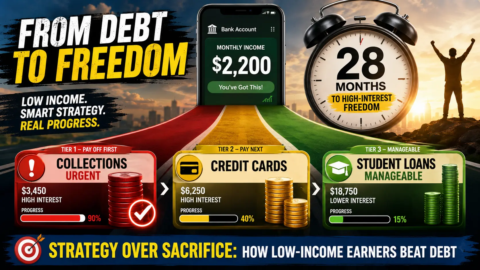 Low-income debt payoff dashboard showing $2,200 monthly income with debt tier priorities and 28-month payoff timeline