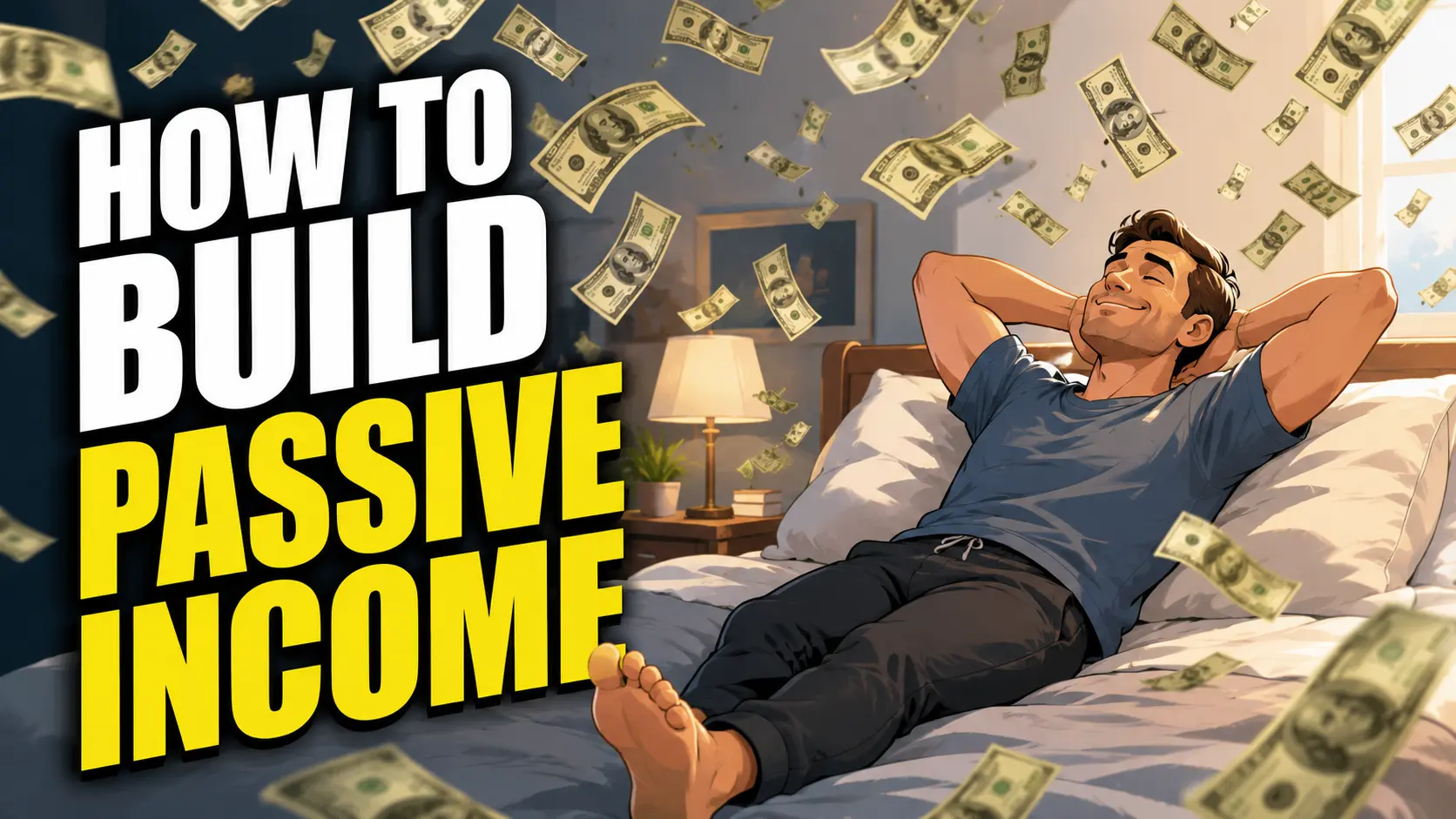 A US man relaxes on a bed with his hands behind his head as US dollar bills rain down around him, creating a carefree passive-income vibe. Large bold text on the left reads “HOW TO BUILD PASSIVE INCOME” in white and yellow, with a warm, animated YouTube-thumbnail aesthetic.