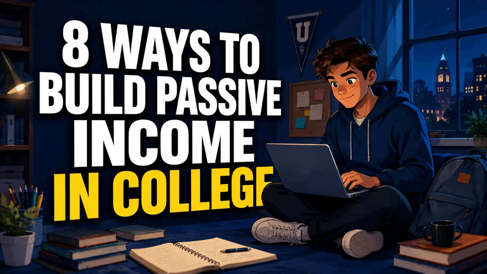 A young college student sits on the floor in a dorm room using a laptop at night, surrounded by books, notes, and a backpack, with a city skyline visible through the window. Large bold white and yellow text reads “8 WAYS TO BUILD PASSIVE INCOME IN COLLEGE,” creating a polished, energetic financial YouTube thumbnail.