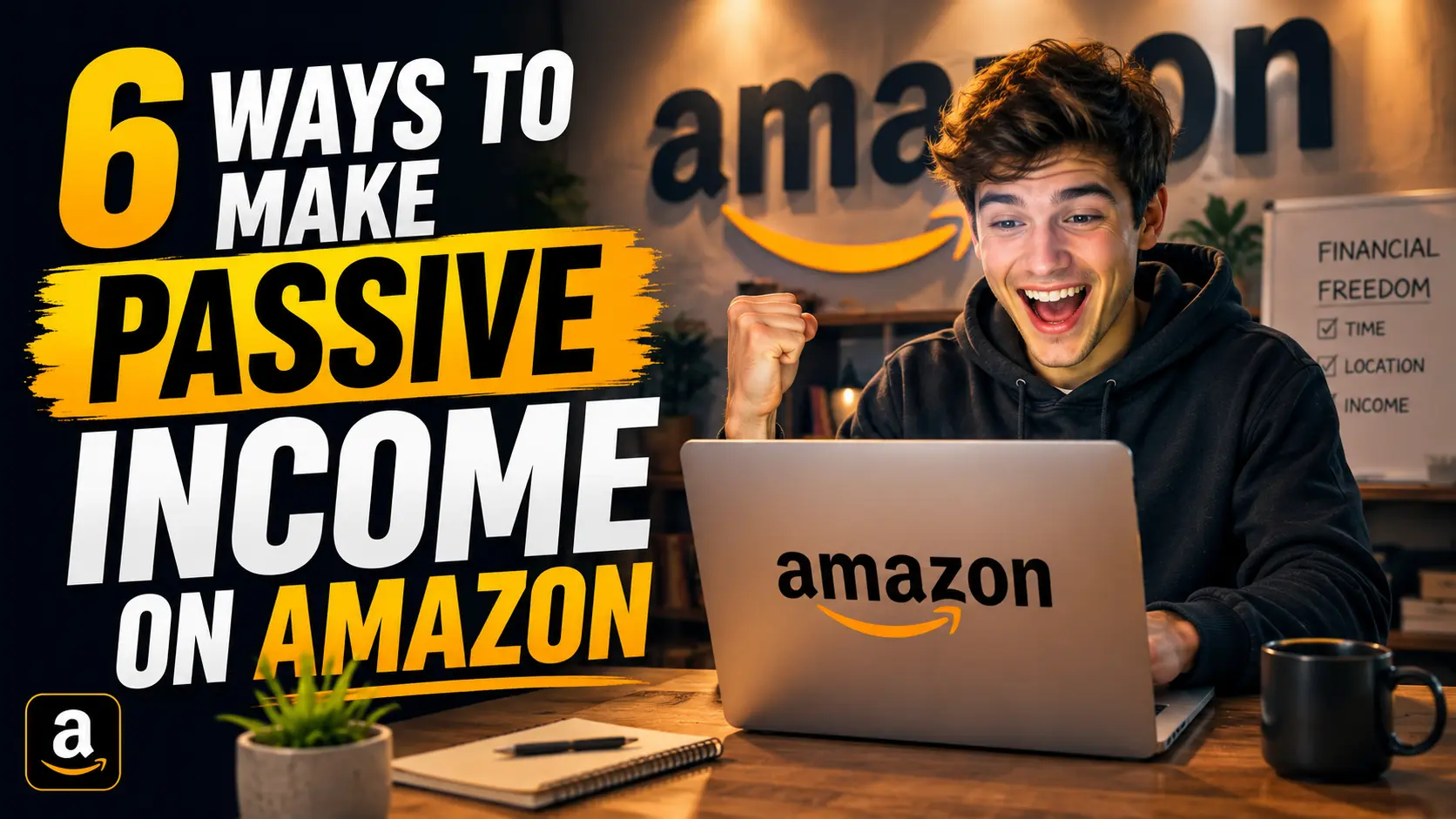 A happy young man sits at a desk using a laptop in a warmly lit home office, with a large Amazon logo displayed behind him. The YouTube-style thumbnail features bold white and yellow text reading “6 WAYS TO MAKE PASSIVE INCOME ON AMAZON,” with a small Amazon logo in the lower-left corner.