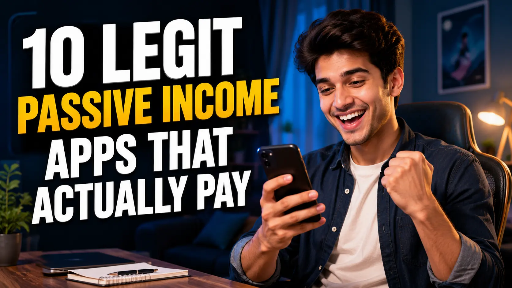 A happy young adult man sits in his room using a smartphone, smiling and raising his fist in excitement. The cozy room has warm lighting, a desk, laptop, plants, and home-office decor. Large bold white and gold text reads “10 LEGIT PASSIVE INCOME APPS THAT ACTUALLY PAY.” The image has a dark navy, cinematic background and a polished YouTube thumbnail style.