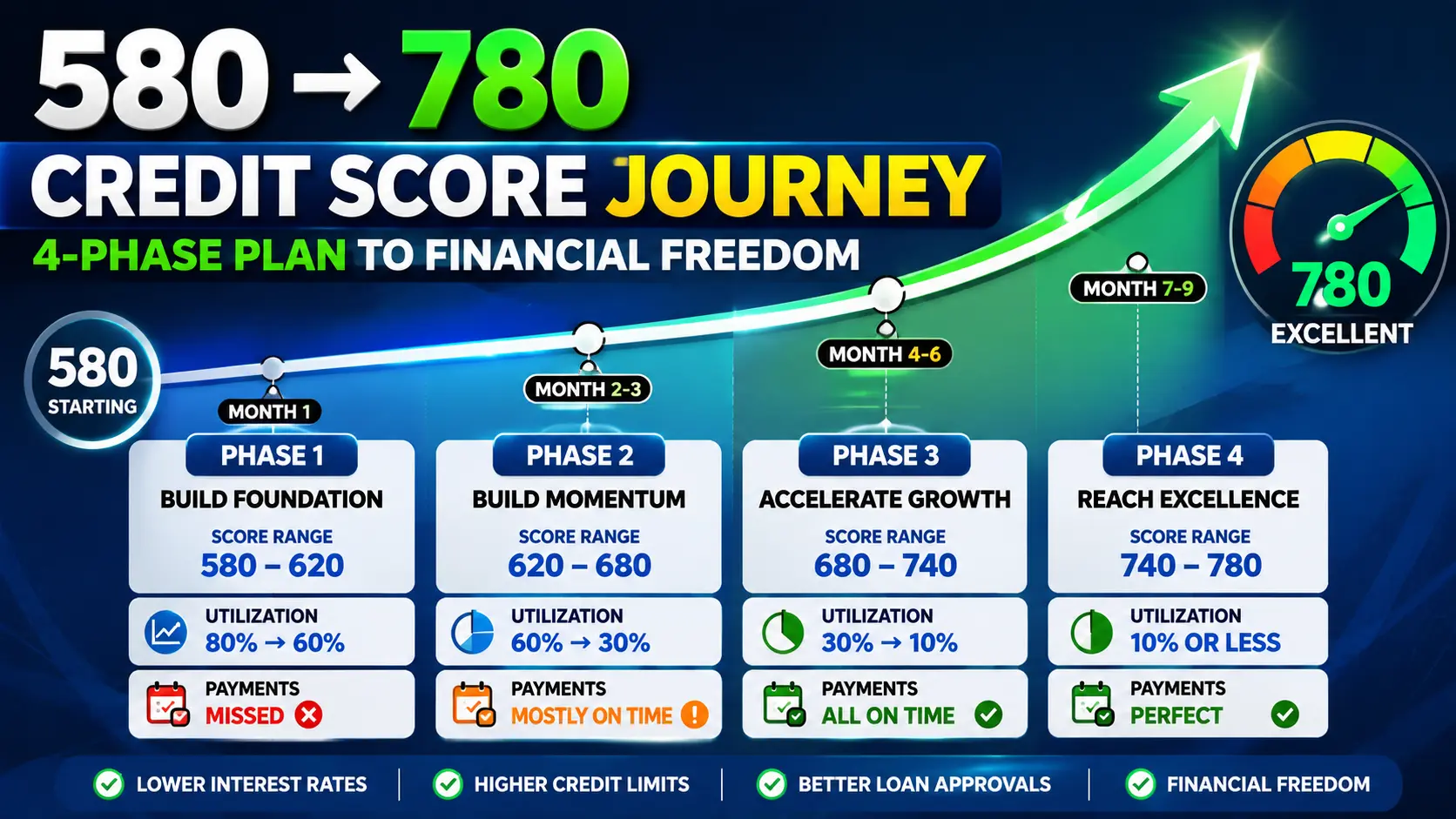 Credit score improvement timeline graphic showing 6-month progression from 580 to 780 with 200 point increase phases