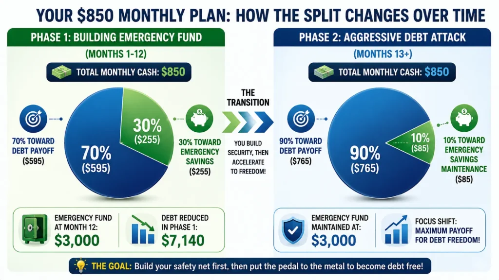 How to pay off debt and save money: Phase 1 and Phase 2 cash flow split showing 70/30 debt-to-savings ratio during emergency fund building (months 1-12), then 90/10 ratio during aggressive debt payoff (months 13+)