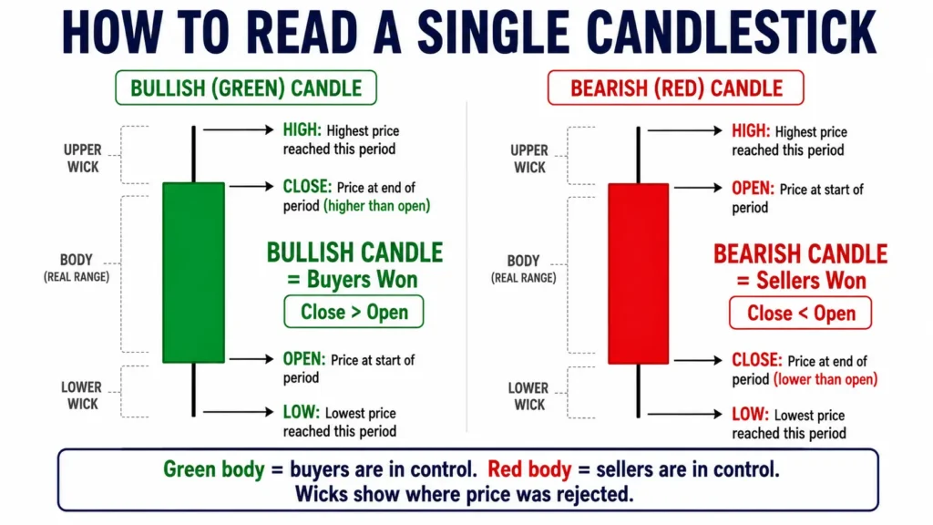 How to read stock market charts candlestick anatomy diagram showing green bullish candle with open, close, high, low labels and red bearish candle with same labels explaining buyers won versus sellers won interpretation.