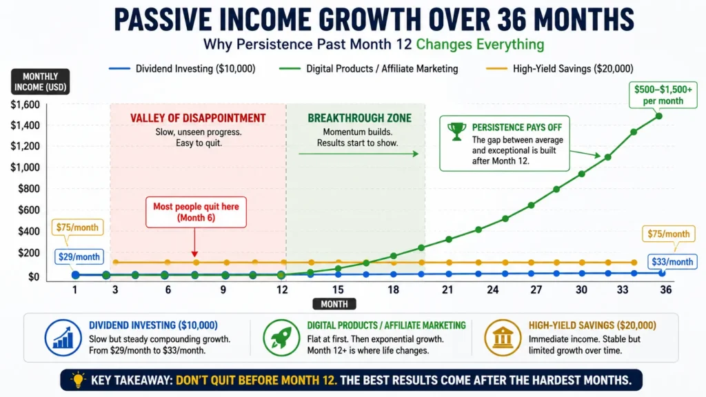 How to build passive income: 36-month timeline chart showing dividend investing (steady $29-33/month), digital products (flat months 1-12 then exponential growth), and high-yield savings (immediate consistent income)