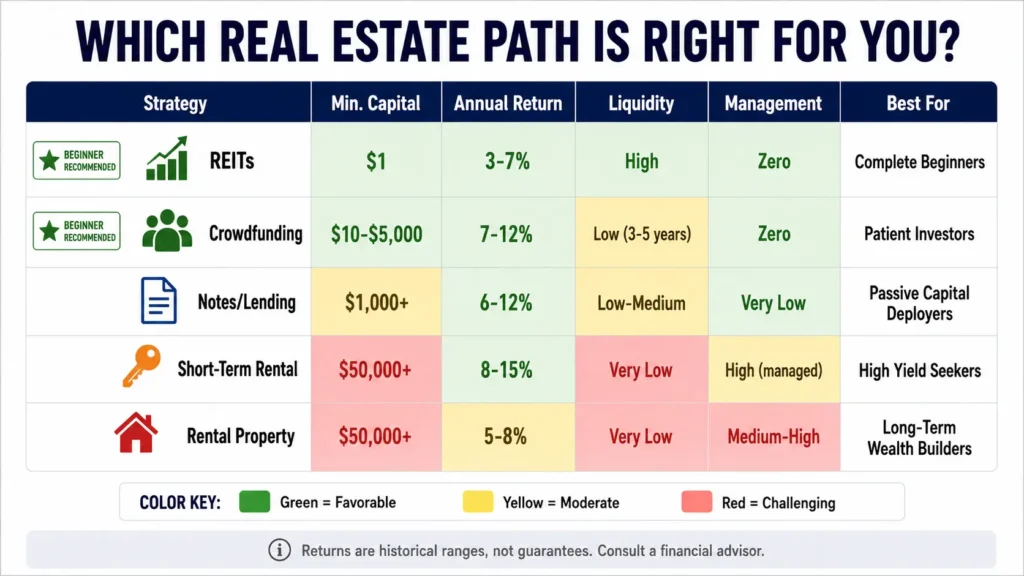 Real estate passive income path comparison table showing REITs, crowdfunding, notes, short-term rental, and rental property compared by minimum capital, annual return, liquidity, and management effort with beginner recommendations